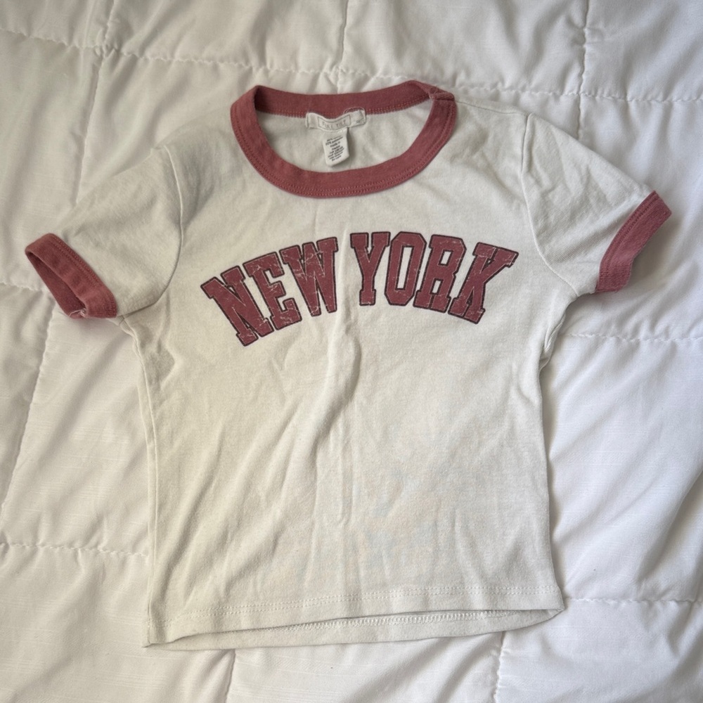New York  Ringer T-Shirt - White and Pink Red